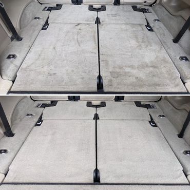 Before and after of Range Rover interior being cleaned and detailed and stains removed.