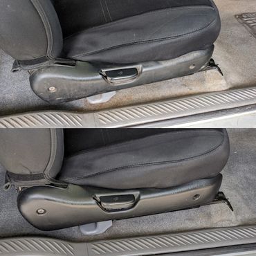 Before and after of driver's seat cleaned and detailed