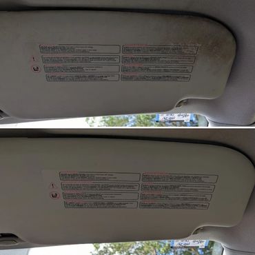 Before and after of dirty sunvisor being cleaned and detailed