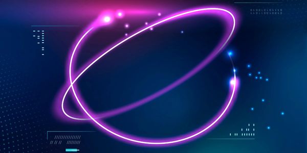 Glowing neon rings orbiting in a dark blue digital space.