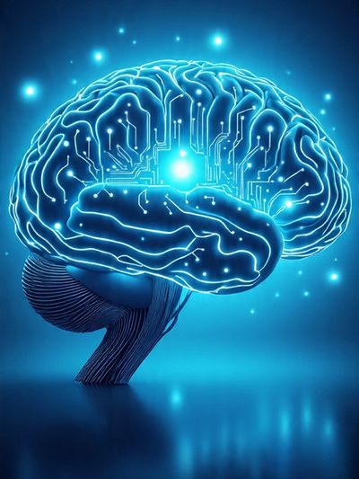 Glowing digital brain with circuitry, symbolizing AI and neural networks.