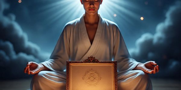 A woman meditates with glowing capsules in an ornate box, radiating calm and light.