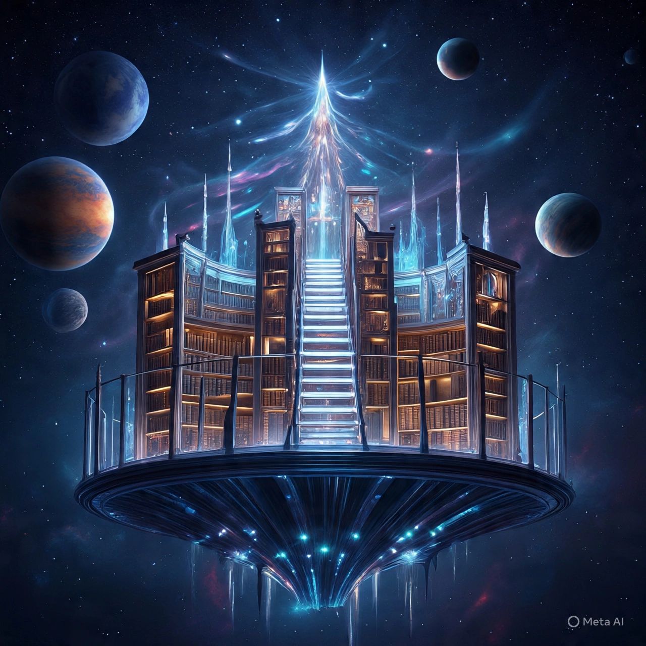 A futuristic floating library in space surrounded by planets and stars.