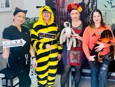 Group of women in Halloween costumes holding festive signs and a dog, posing indoors.