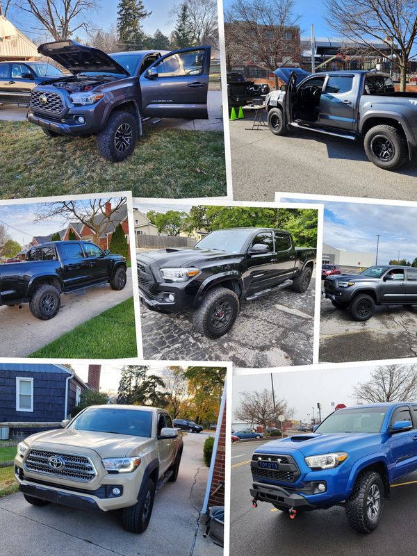 Collage of various Toyota Tacoma trucks in different colors and settings.
