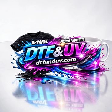 Colorful splash design showcasing apparel and promo products from DTF & UV printing.
