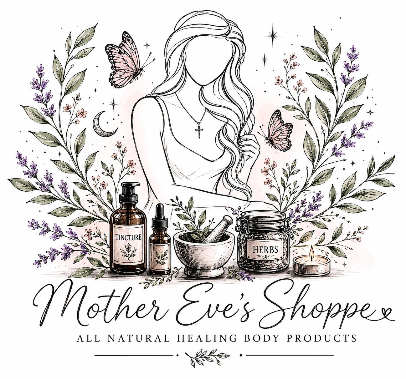 Elegant illustration of Mother Eve with natural healing products and floral accents.