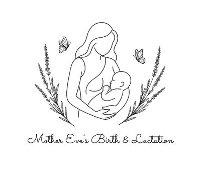 Line art of a mother breastfeeding her baby surrounded by lavender and butterflies.