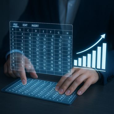 Person interacting with a futuristic virtual data table and growth chart.