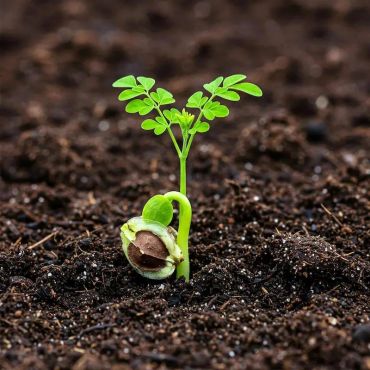 Moringa seed germination showing a young green seedling emerging from fertile soil with its seed coat attached.