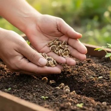 Hands planting seeds in soil.