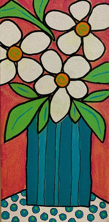 Daisies in Teal Striped Vase - #2
 Acrylic Painting