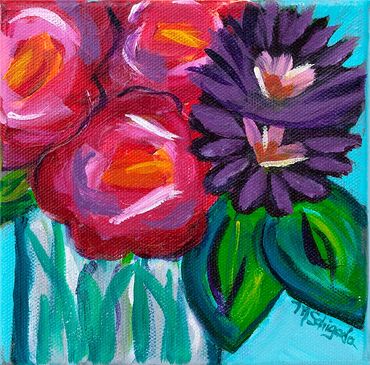 Red & Purple Peonies with Teal Background