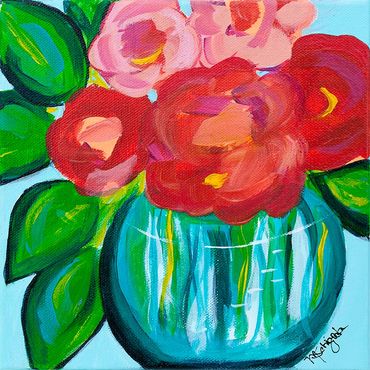 Red & Pink Peonies with Teal Background Acrylic painting