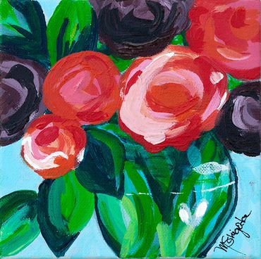 Red & Purple Peonies with Teal Background acrylic painting