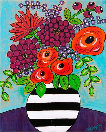 Summer Bouquet in Round Striped Vase  
Acrylic Painting