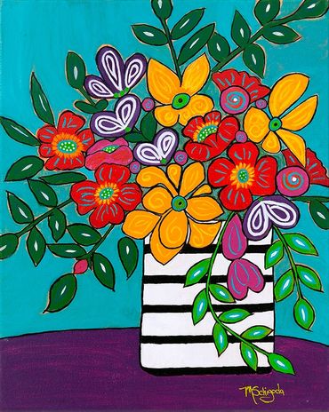 Summer Bouquet in Square Striped Vase acrylic painting