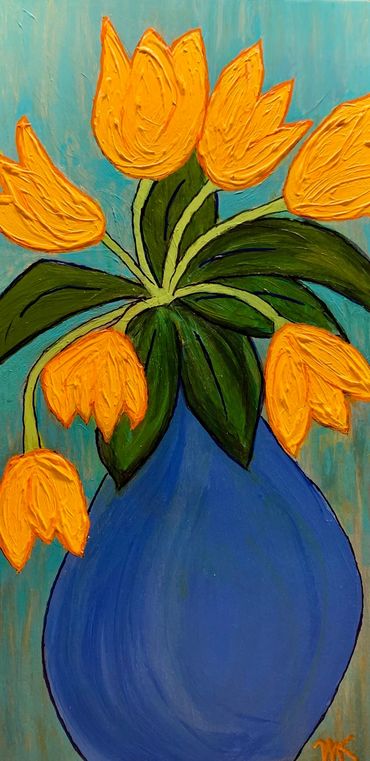Yellow Tulips in Blues Vase