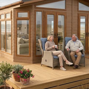 A couple enjoys coffee on the deck of a wooden beach house by Mulberry Lodges by the shore.