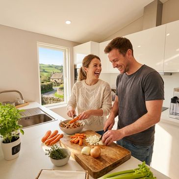 Couple laughing while preparing vegetables together in a bright kitchen in a Mulberry lodge