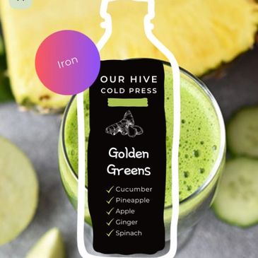 Green juice with cucumber, pineapple, apple, ginger, and spinach.