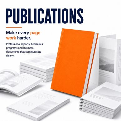Publications or books, Reports or Catalouges, editing, design and publishing.