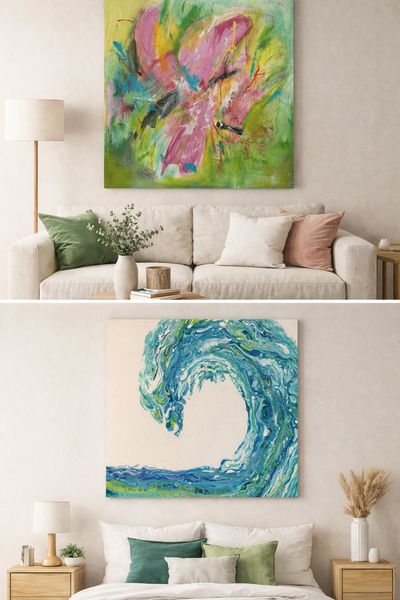 Two rooms with abstract paintings above sofas and decorative cushions.