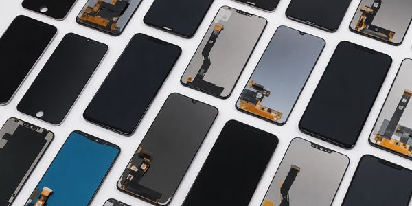 Multiple smartphone screens and digitizers arranged on a white surface.