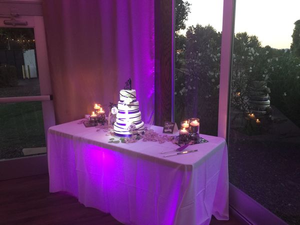 Purple uplighting behind and underneath the cake table. Pin spot lights on the cake.