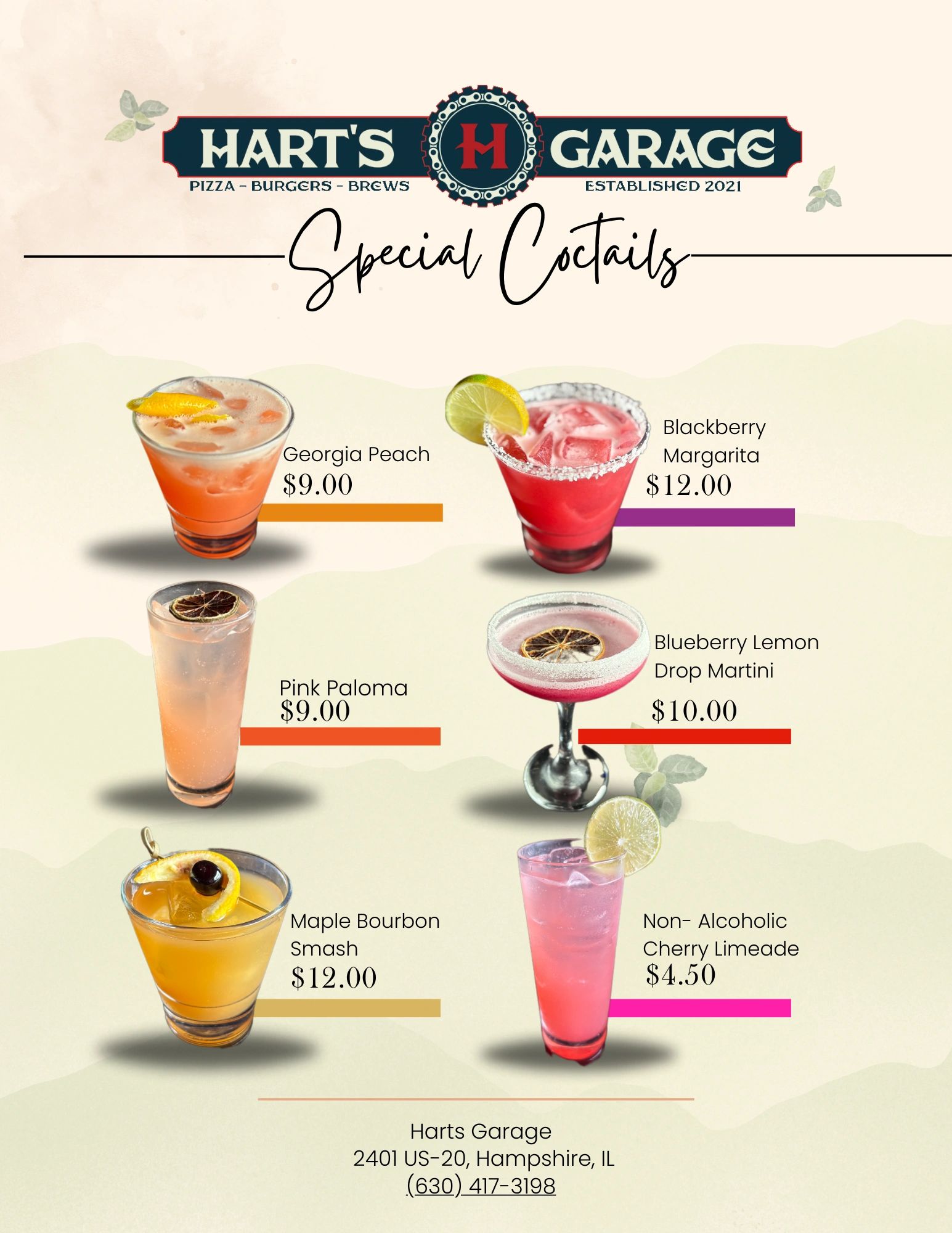 Special cocktails menu from Hart's Garage with six colorful drinks and prices.