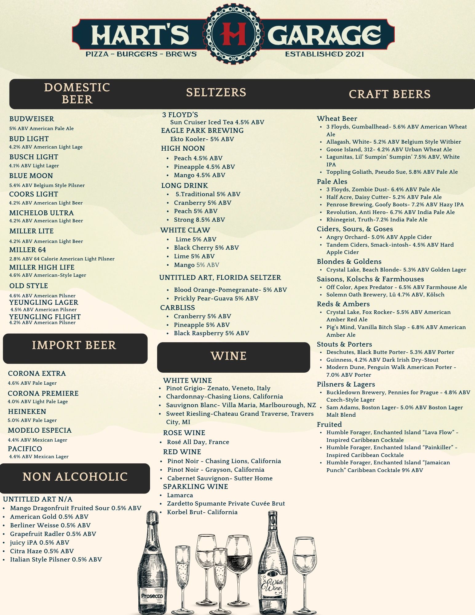 Hart's Garage menu featuring beers, seltzers, wines, and non-alcoholic options.