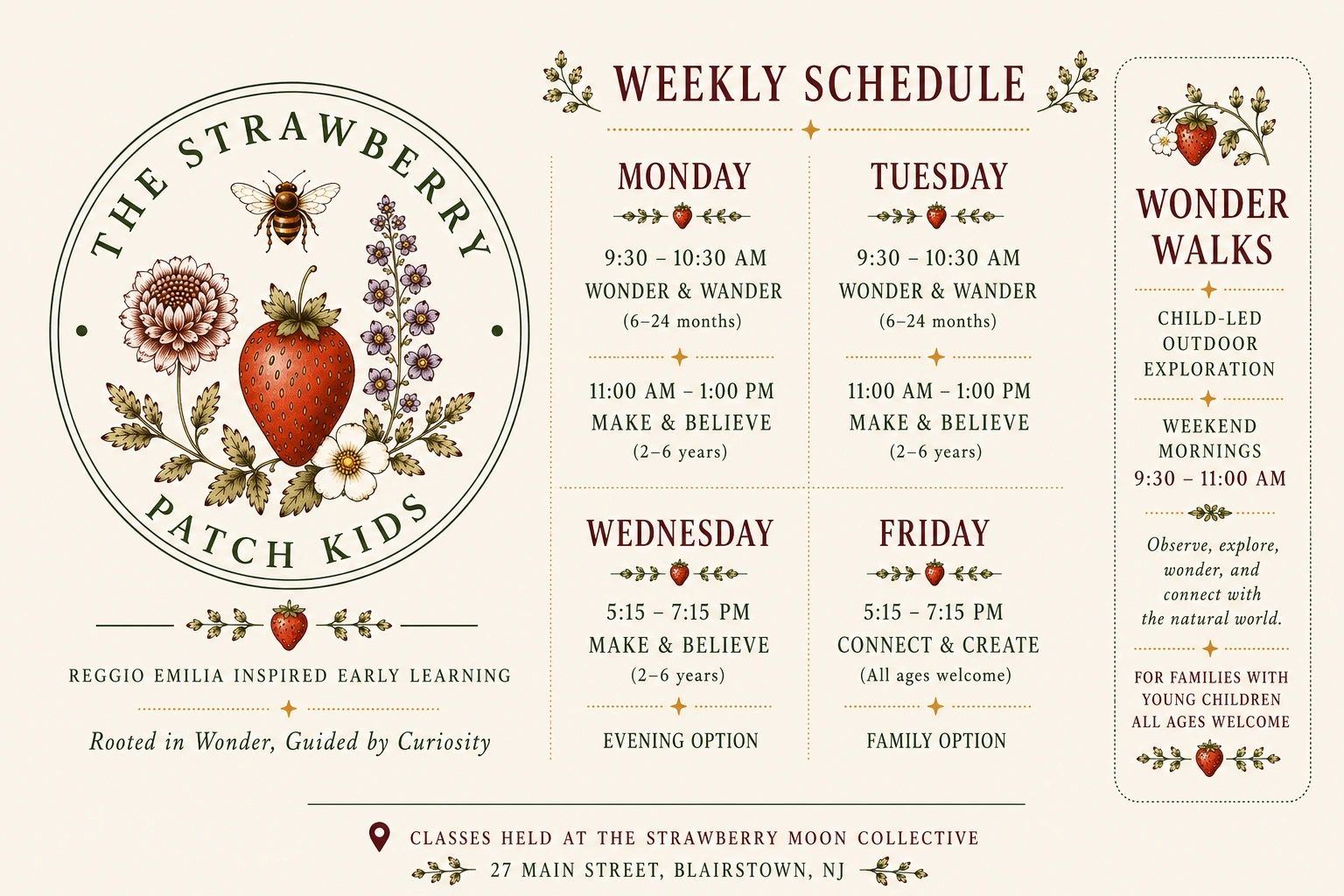 Weekly schedule for The Strawberry Patch Kids' early learning classes.