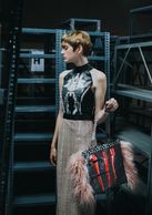 Hand-Painted Black Leather with Hand-dyed Chiffon and Black Satin Dress with Pink Lace Overlay