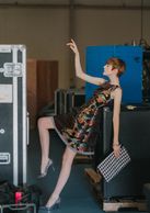 Floral Brocade Dress with Leather Panel and Hounds-tooth Print Accents