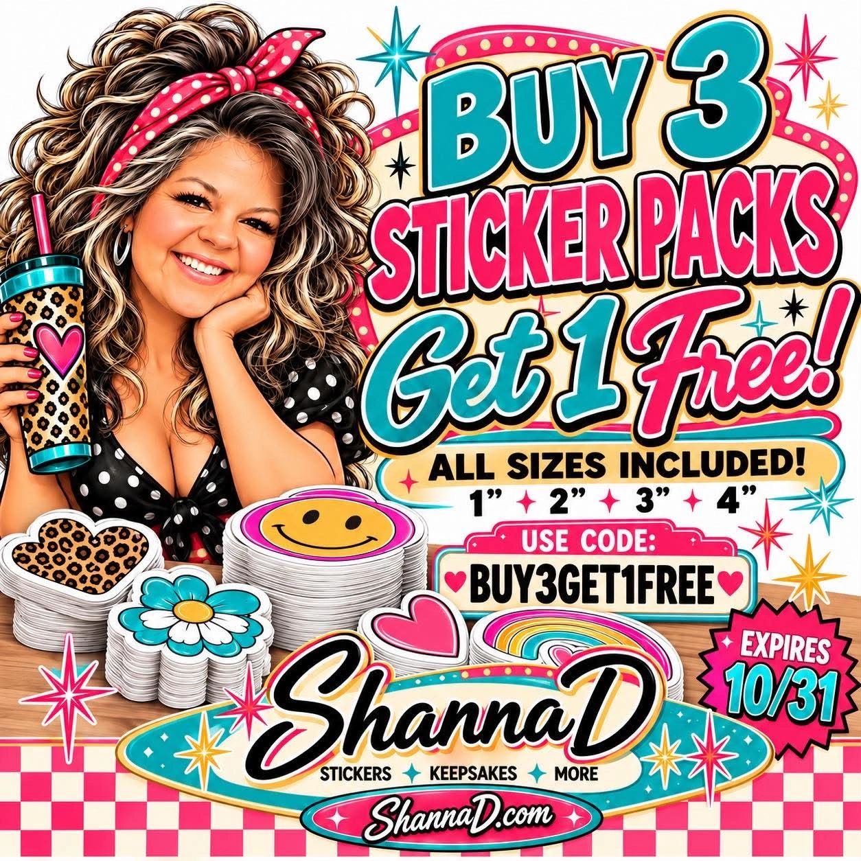 Shanna D sticker promo: buy 3 sticker packs, get 1 free through October 31