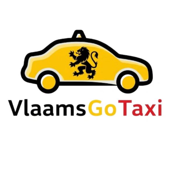 Logo of Vlaams Go Taxi with a yellow car and a lion symbol.