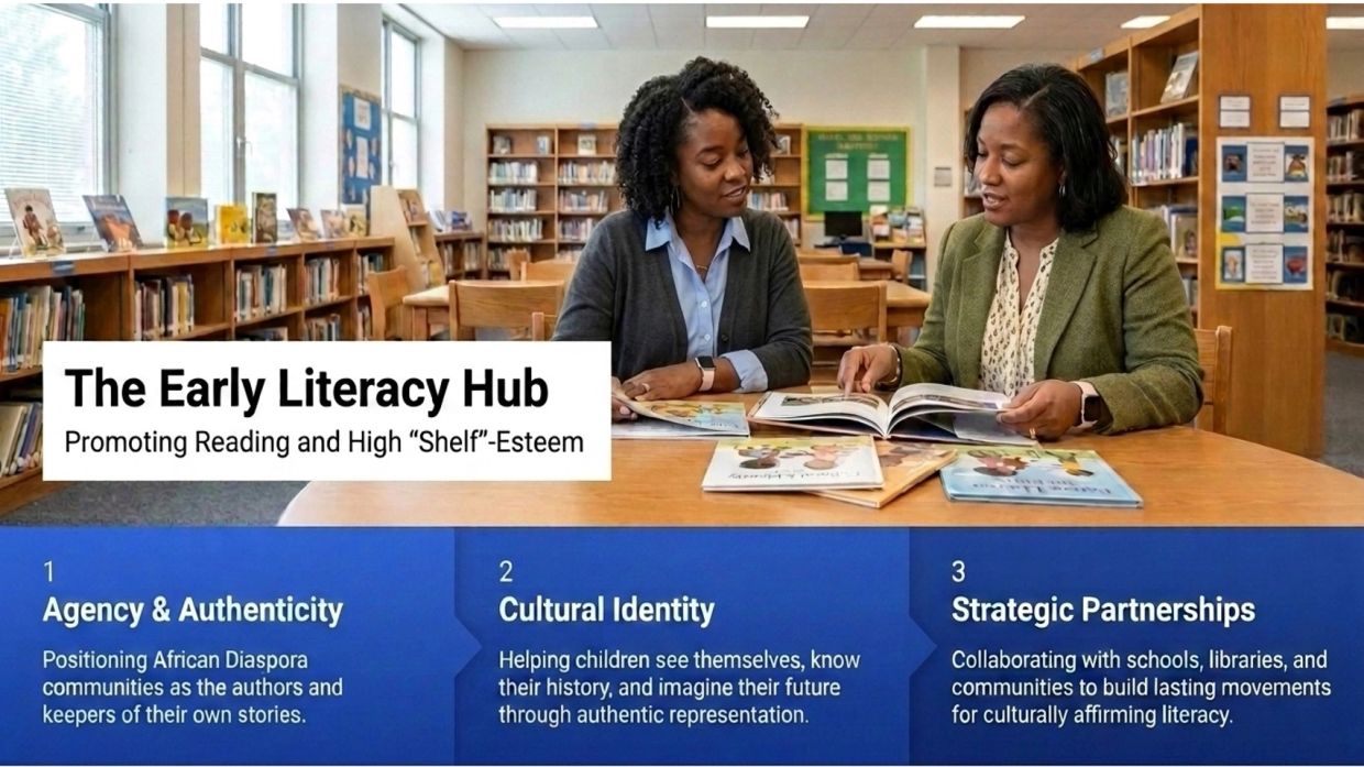 Two women discuss books in a library promoting early literacy.