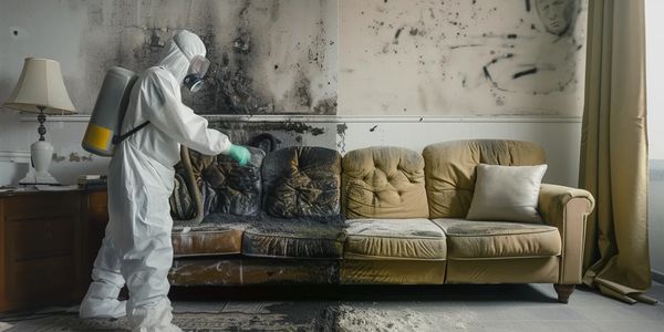 Person in hazmat suit cleaning moldy sofa and wall.