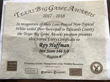 Image of Award for harvested GBL white tailed buck