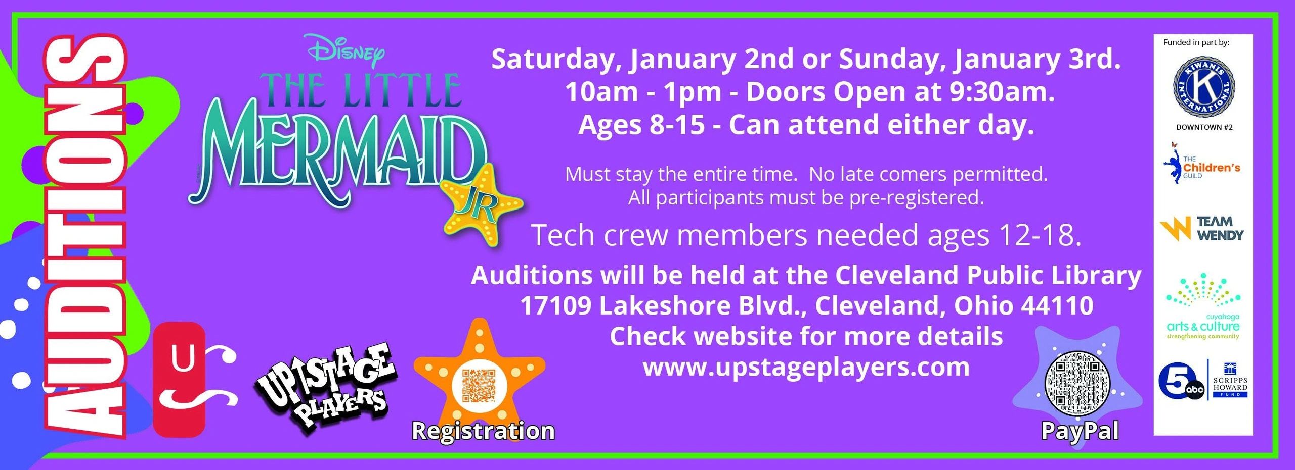 Auditions for Disney's The Little Mermaid Jr. on Jan 2-3 for ages 8-15 at Cleveland Public Library.