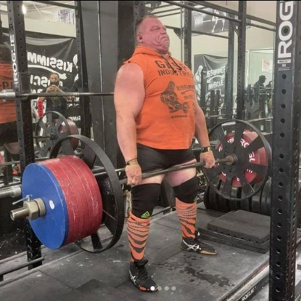 Strongman Dimitar Savatinov deadlifting at Kissimmee Muscle 24 hour Gym in Orlando