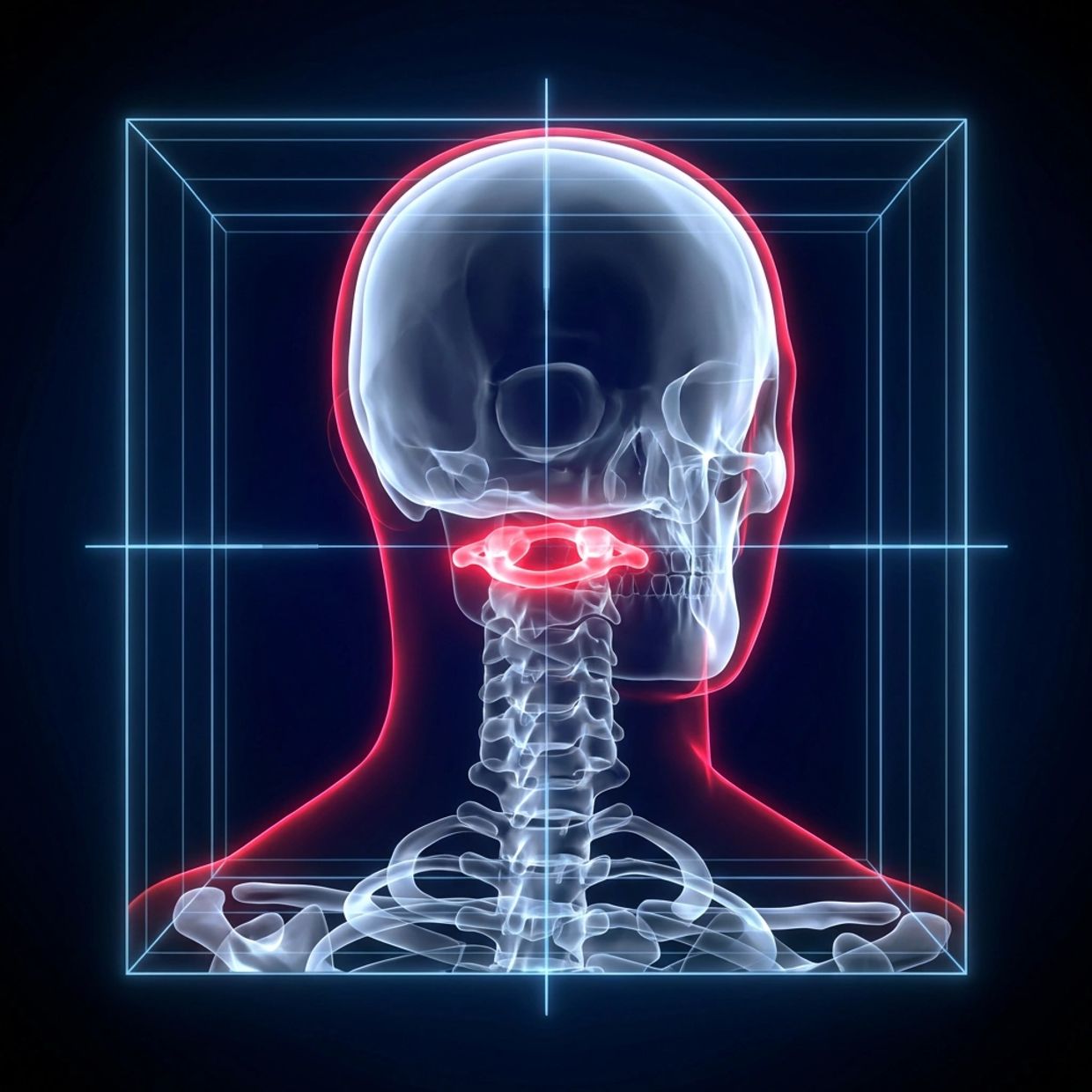 3D X-ray image highlighting the cervical vertebra in the neck.