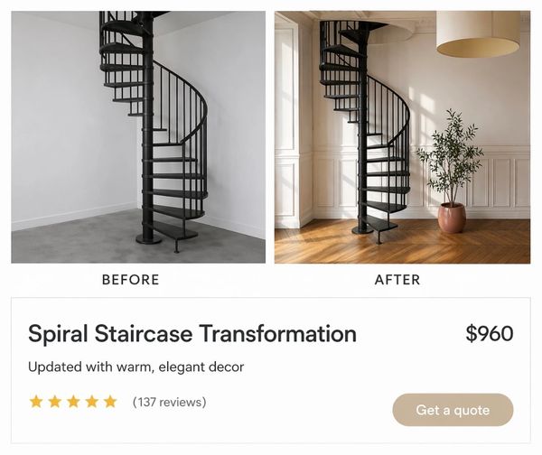 Spiral staircase transformed with warm, elegant decor and lighting.