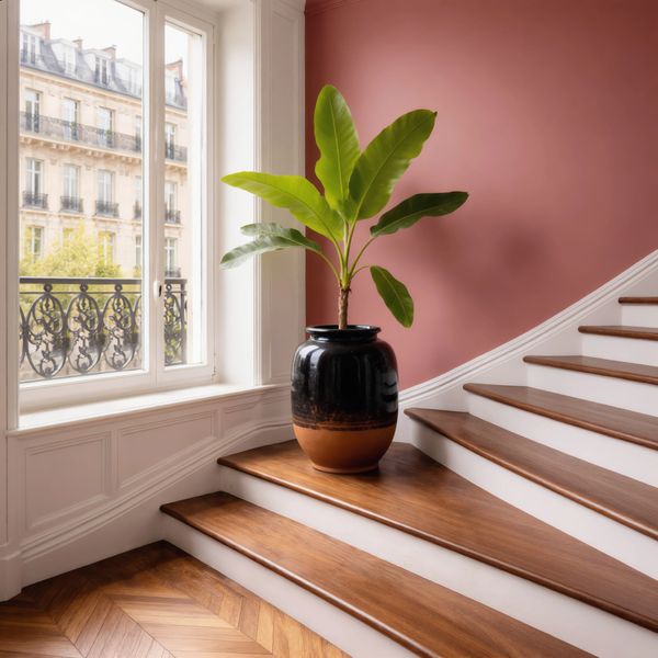 Elegant staircase corner with a large potted plant and natural light from a tall window.