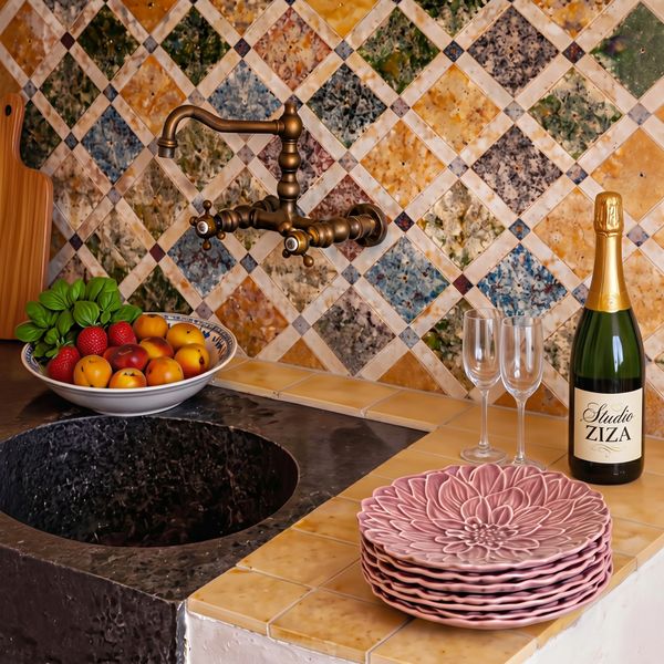 Rustic kitchen corner with colorful tiles, a brass faucet, fruit bowl, plates, and champagne bottle.