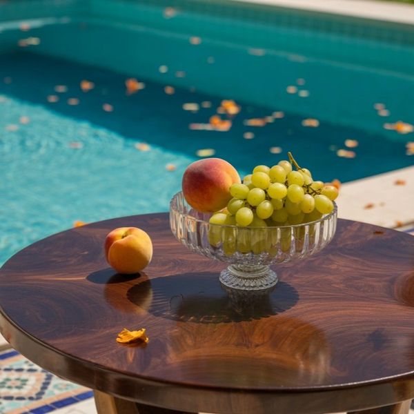 Peach and green grapes on a glass bowl by the poolside wooden table.