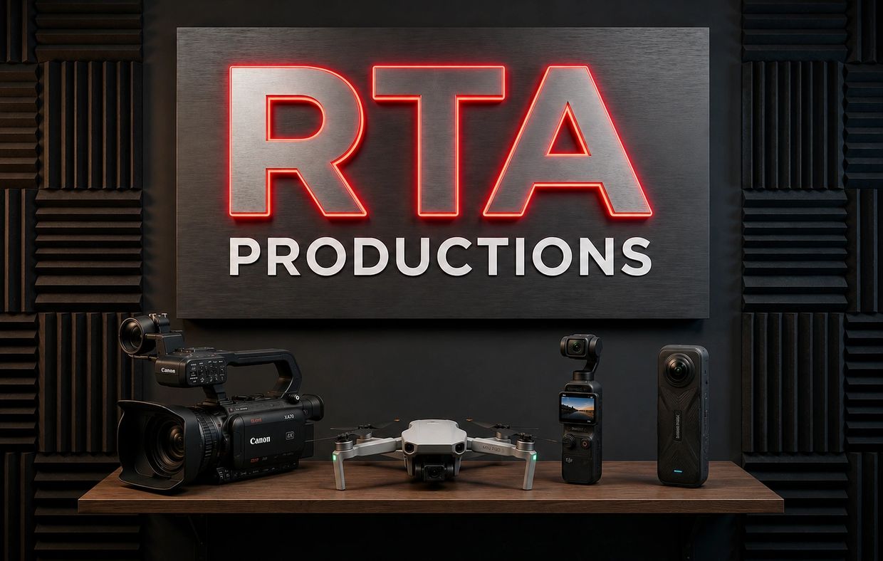 Video production equipment under an RTA Productions sign.