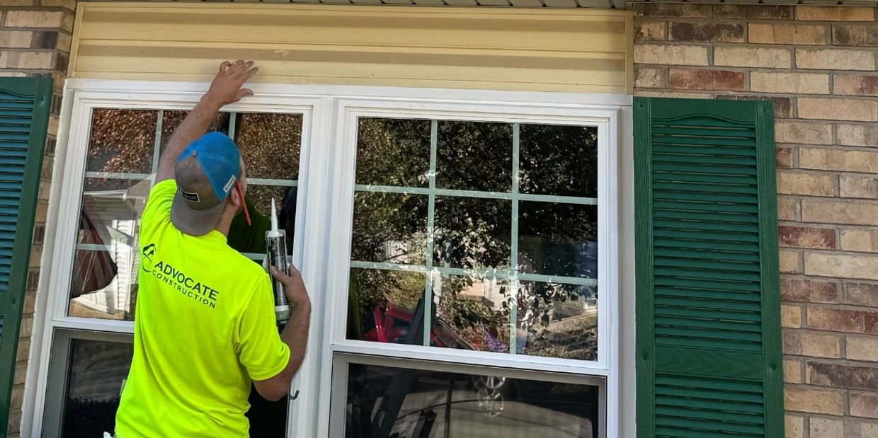 Window installation team working on a commercial building with safety precautions.