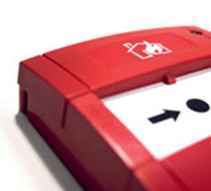 Red fire alarm control panel.