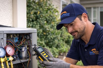 SunHarbor Heating & Cooling technician servicing residential AC unit in Palmer Ranch Florida.